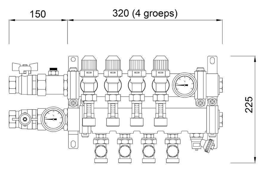 afmetingen compacte verdeler voor vloerverwarming met flowmeters en voetventielen