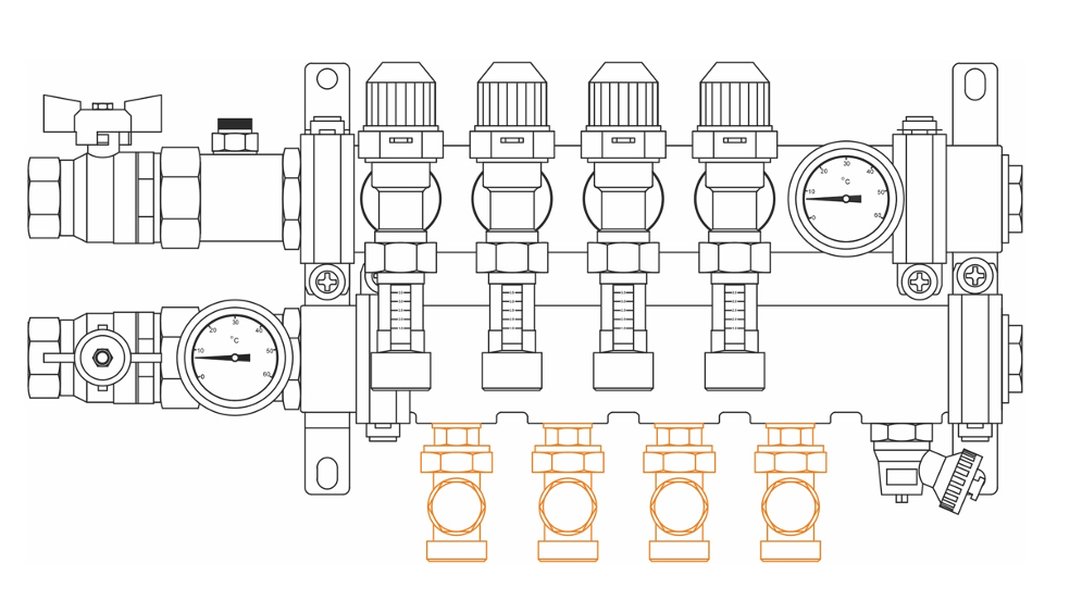 voetventielen voor groepsafsluiting verdeler compact voor vloerverwarming